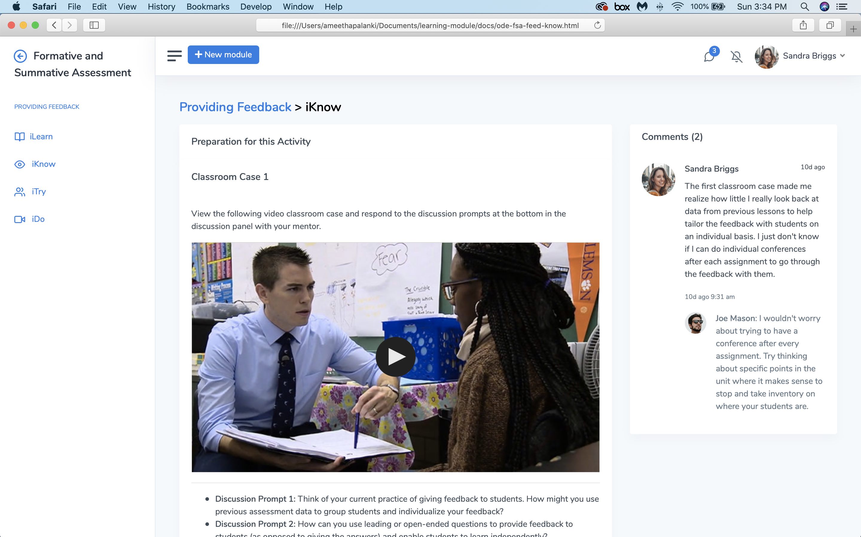 Video activity within one module