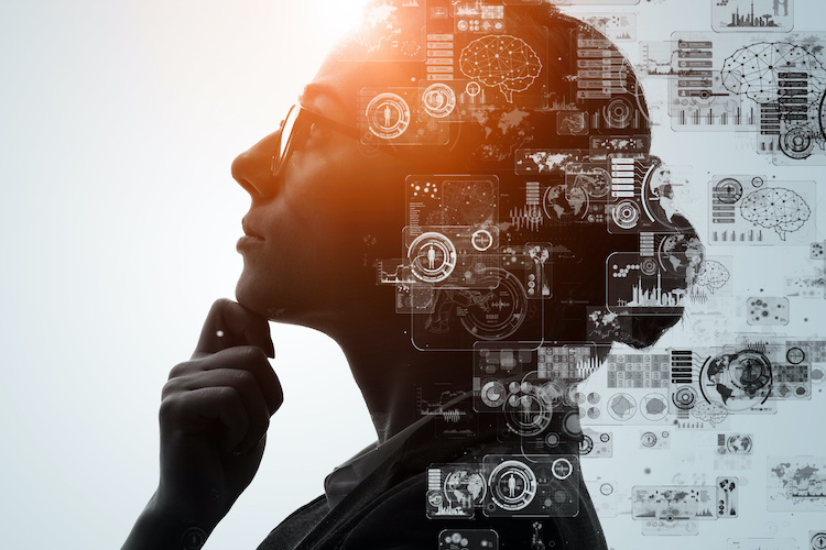 Picture of woman thinking with drawings of diagrams and brain wave patterns